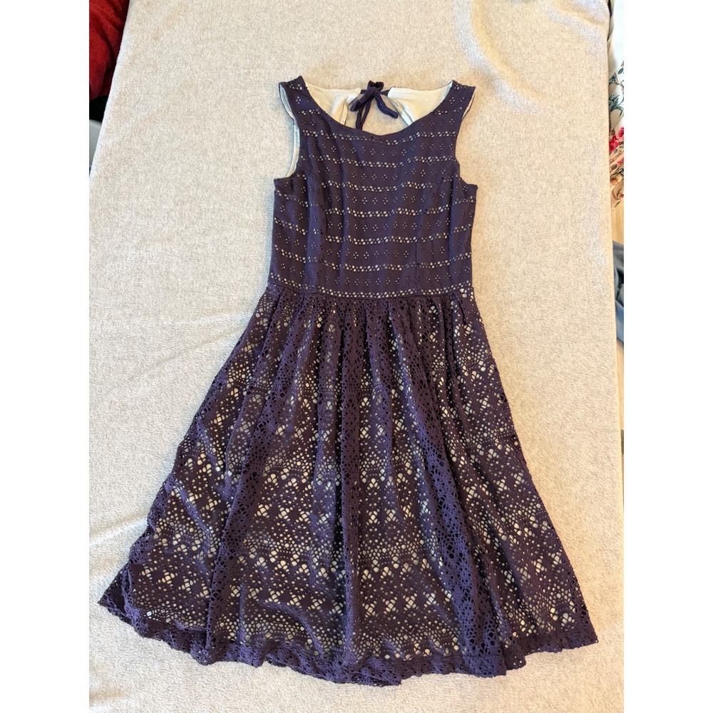 Anthropologie Postmark Eyelet Lace Dress Purple XS Fit Flare Open Back Tie Neck